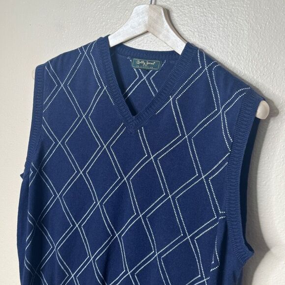Bobby Jones Sweater Vest Mens XL Navy argyle Silk Cashmere Cable V-neck Golf - Picture 2 of 9
